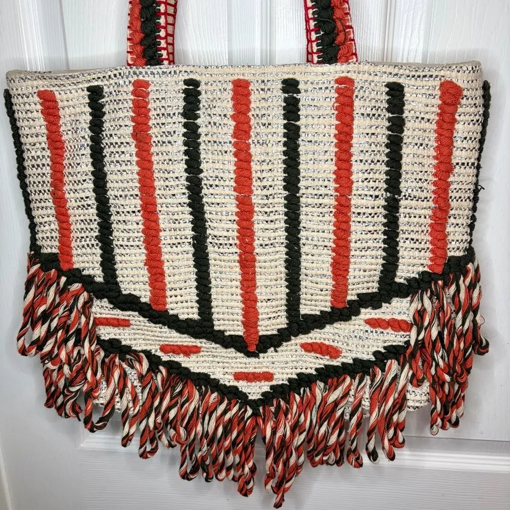 Lilla P Cotton Lurex Coral Cream Silver Metallic Stripe Crochet Beach Tote Bag L Orange - Image 3