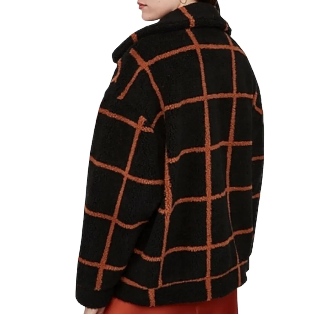 Express Ultra Soft Black/Chestnut Plaid Sherpa Teddy Full Zip Lined Jacket - Image 3