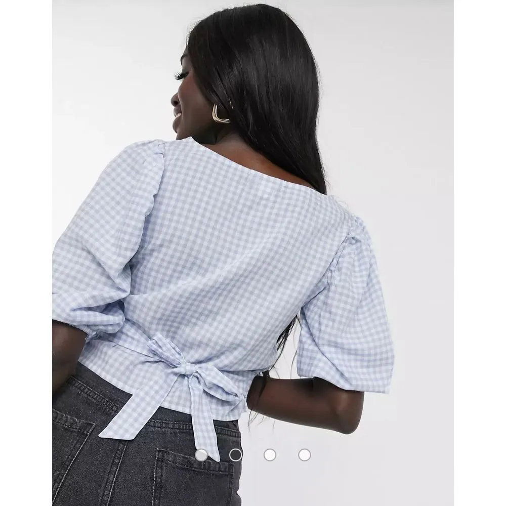 Daisy Street Gingham V Neck Pouf Sleeve Blouse (M) - Image 2