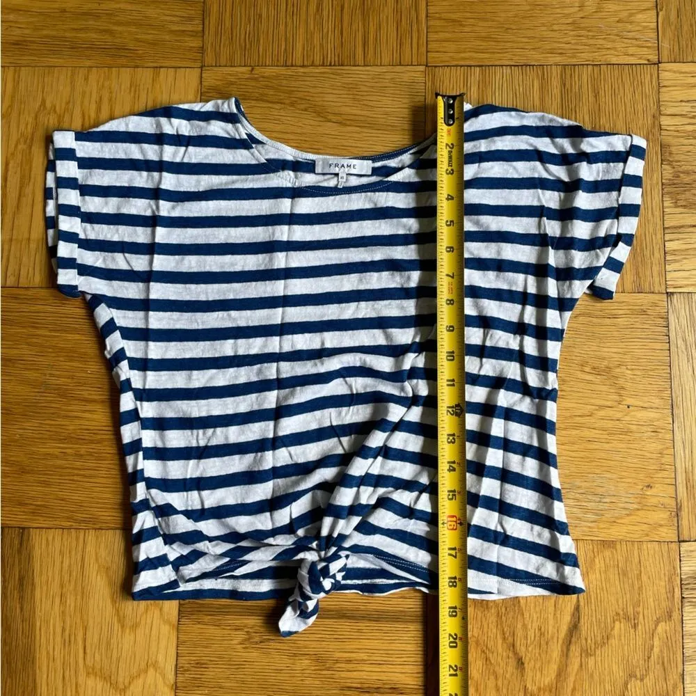 Frame cotton/linen blend relaxed fit tie front blue/white striped t-shirt XS EUC - Image 5