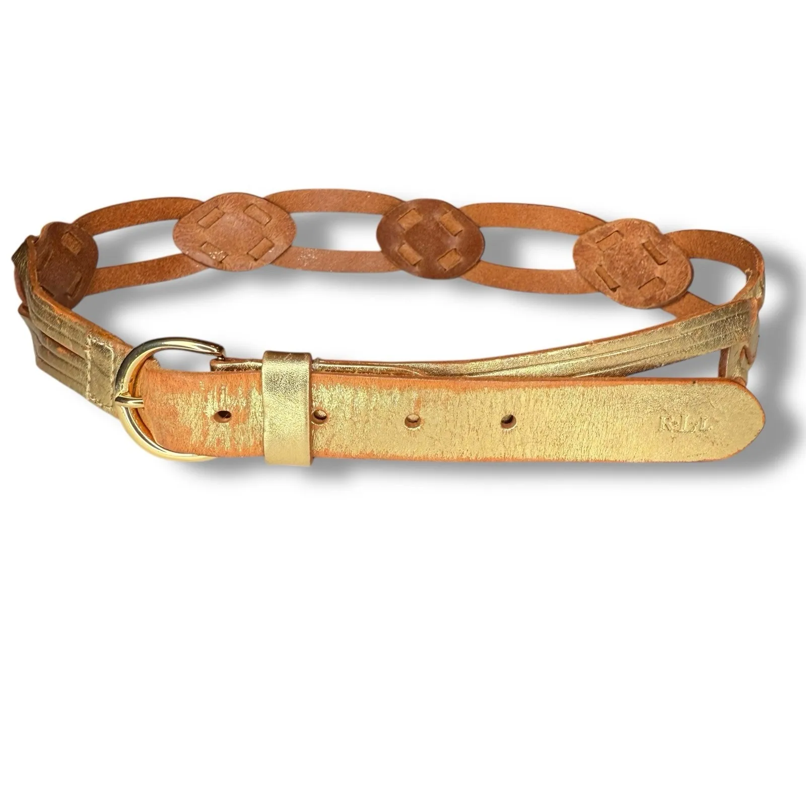 LRL Ralph Lauren Leather Belt Small 1.5" Gold Woven Braided Distressed Vintage - Image 4