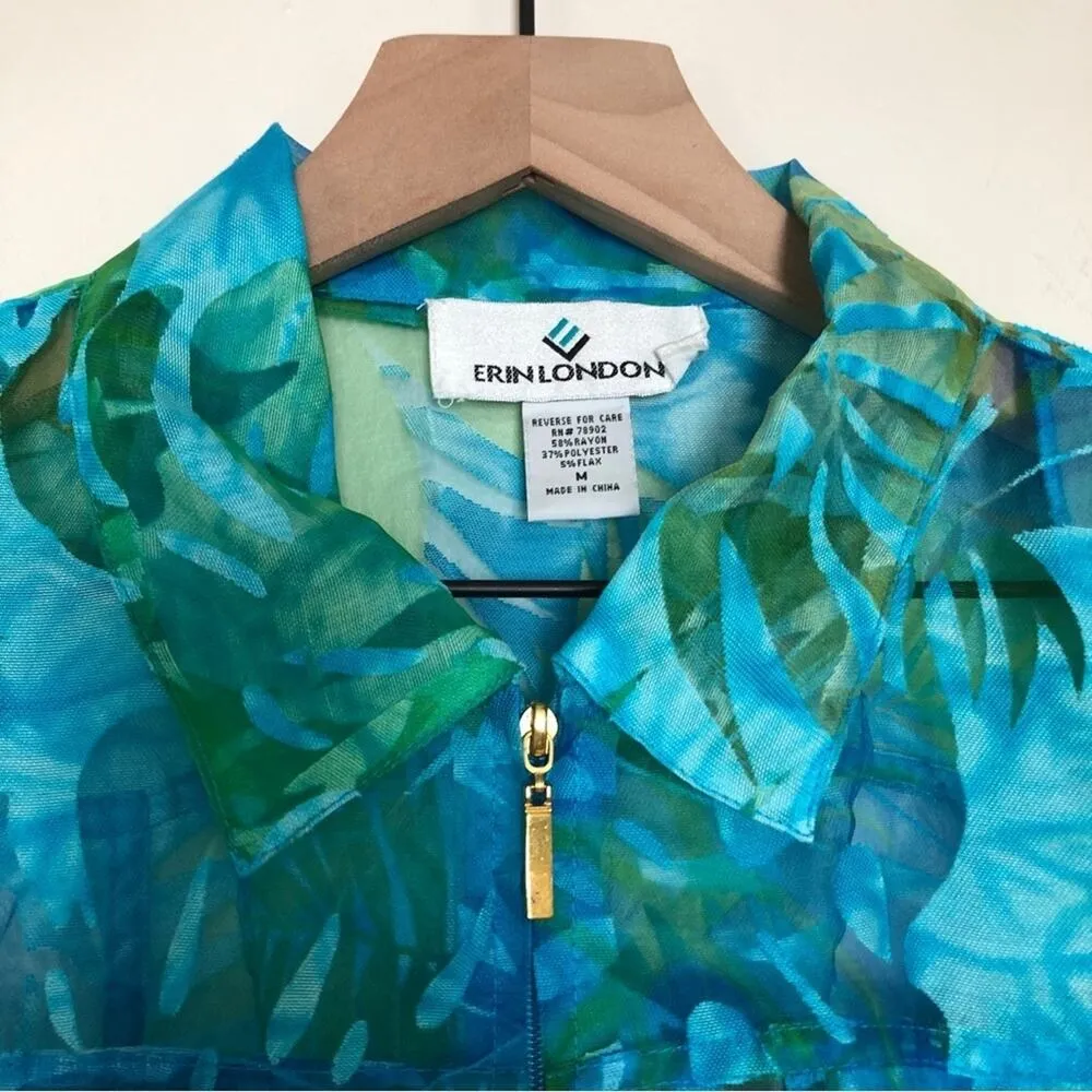 Erin London Tropical Blue Green Zip Up Lightweight Long Sleeve Semi - Image 2