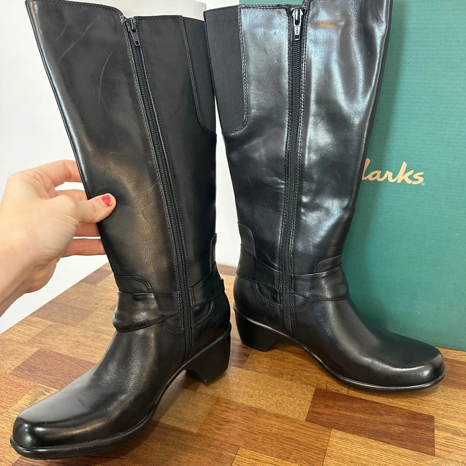 Clarks Wyld Polka 7 NEW Box Black Leather Knee High Wedge Heel Round Toe - Image 5