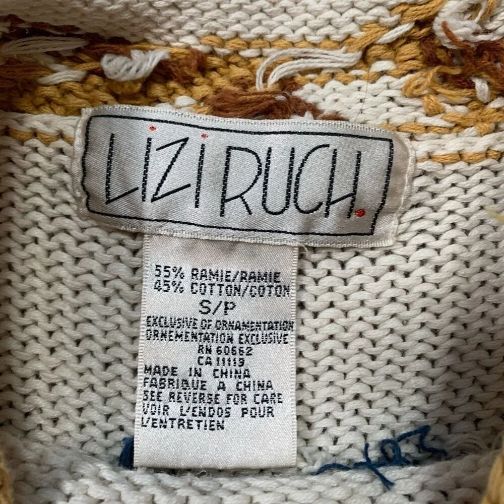 Vintage Lizi Ruch Cream Floral Embroidered Mock Neck Neutral Pullover Sweater Red - Image 10