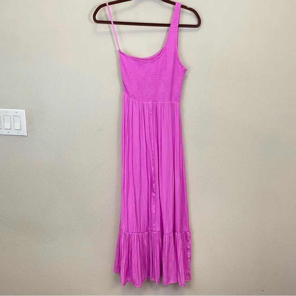 Saltwater Luxe‎ Pink One Shoulder Satin Dotted Smocked Tiered Maxi Dress Size S - Image 8