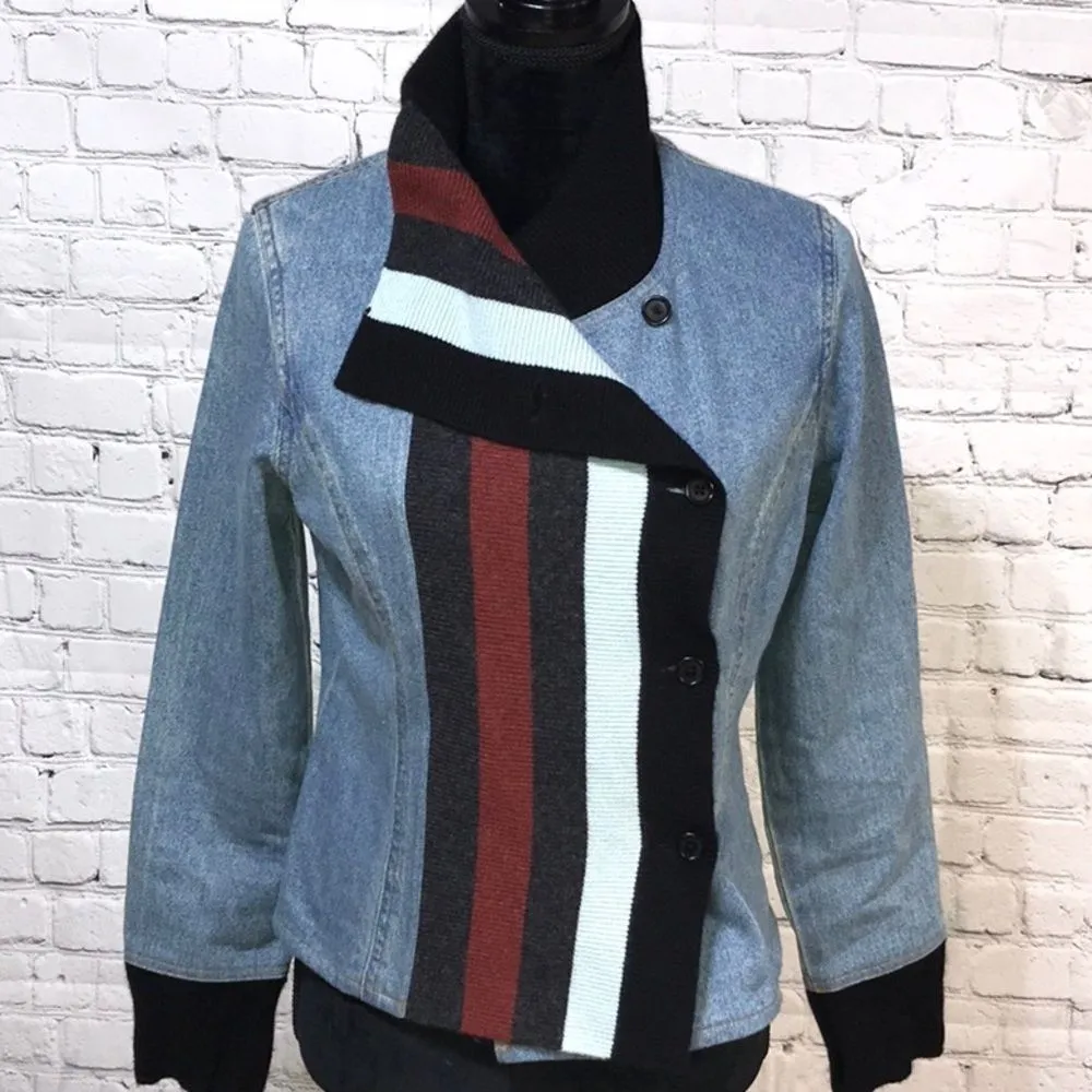 Unique Jean Jacket Denim and Sweater Jacket Small Blue - Image 3