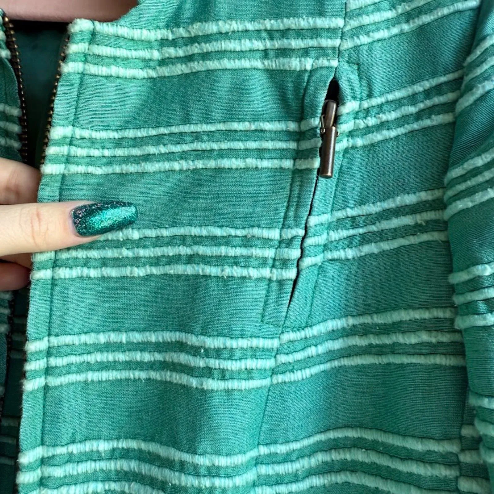 Akris Punto 100% Silk Tailored Cropped Jacket in Striped Green size 10 M - Image 6