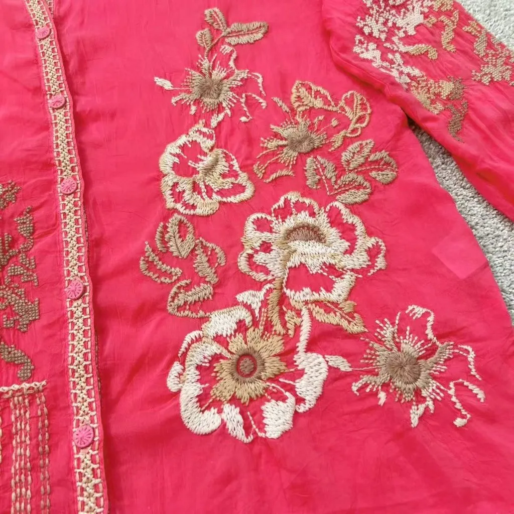 $328 NWOT Johnny Was AUDREY MANDARIN Floral Embroidered Blouse Top Size L Pink - Image 3