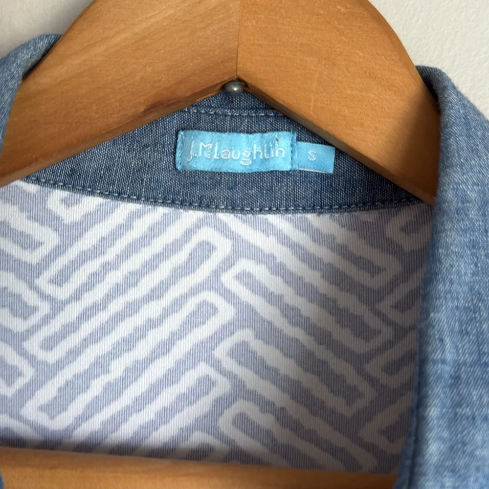 J McLaughlin  Geometric Print Shift Dress Chambray Trim Small - Image 5