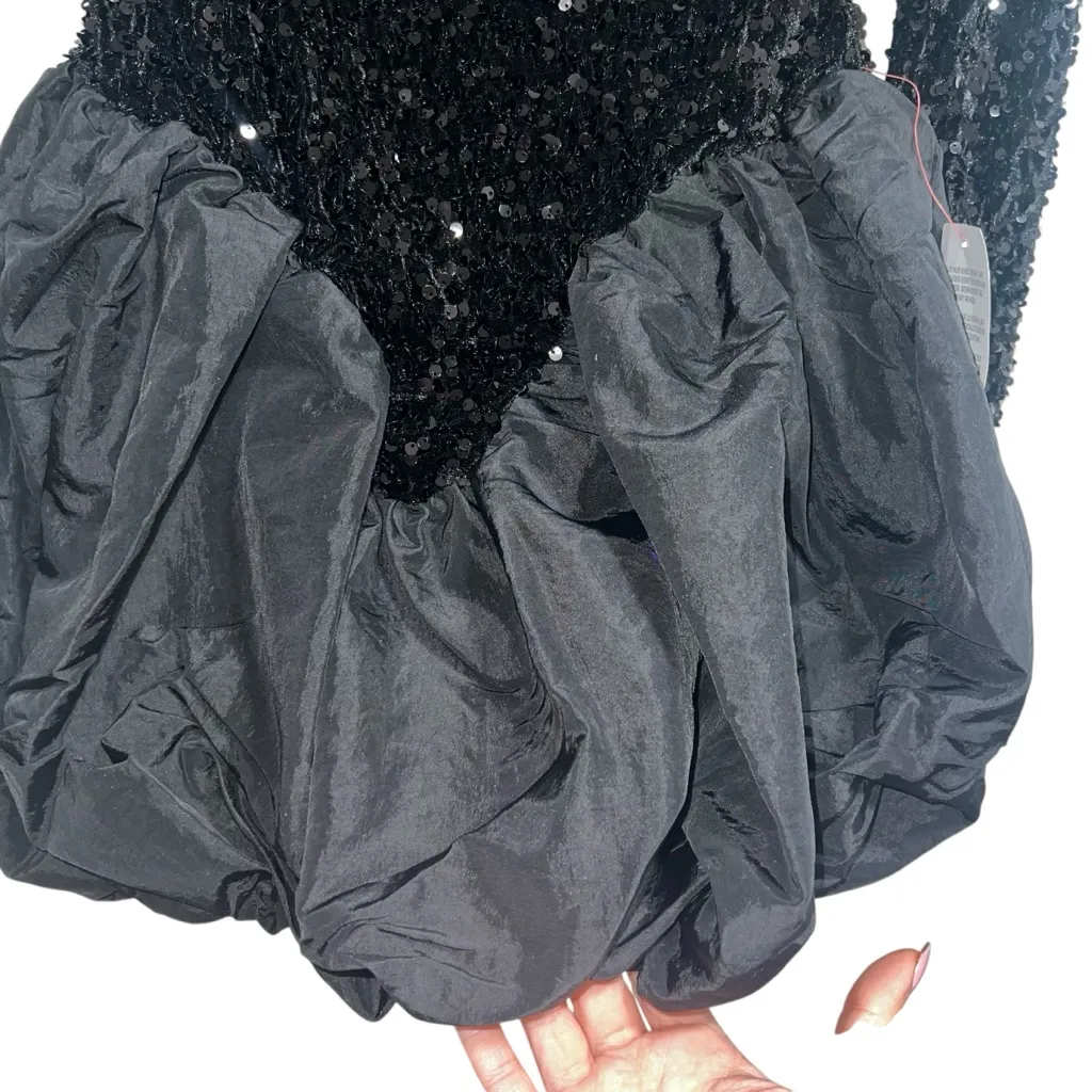 NEW NWT ASOS Design Sequin Long Sleeve Bardot Bubble Hem Mini Dress In Black - Image 7