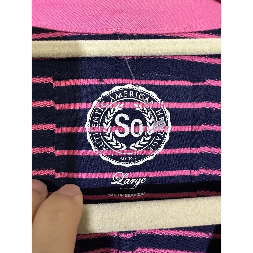 SO Women's Jr Sz L Navy Pink Striped Button Front collared blazer pockets - Image 4