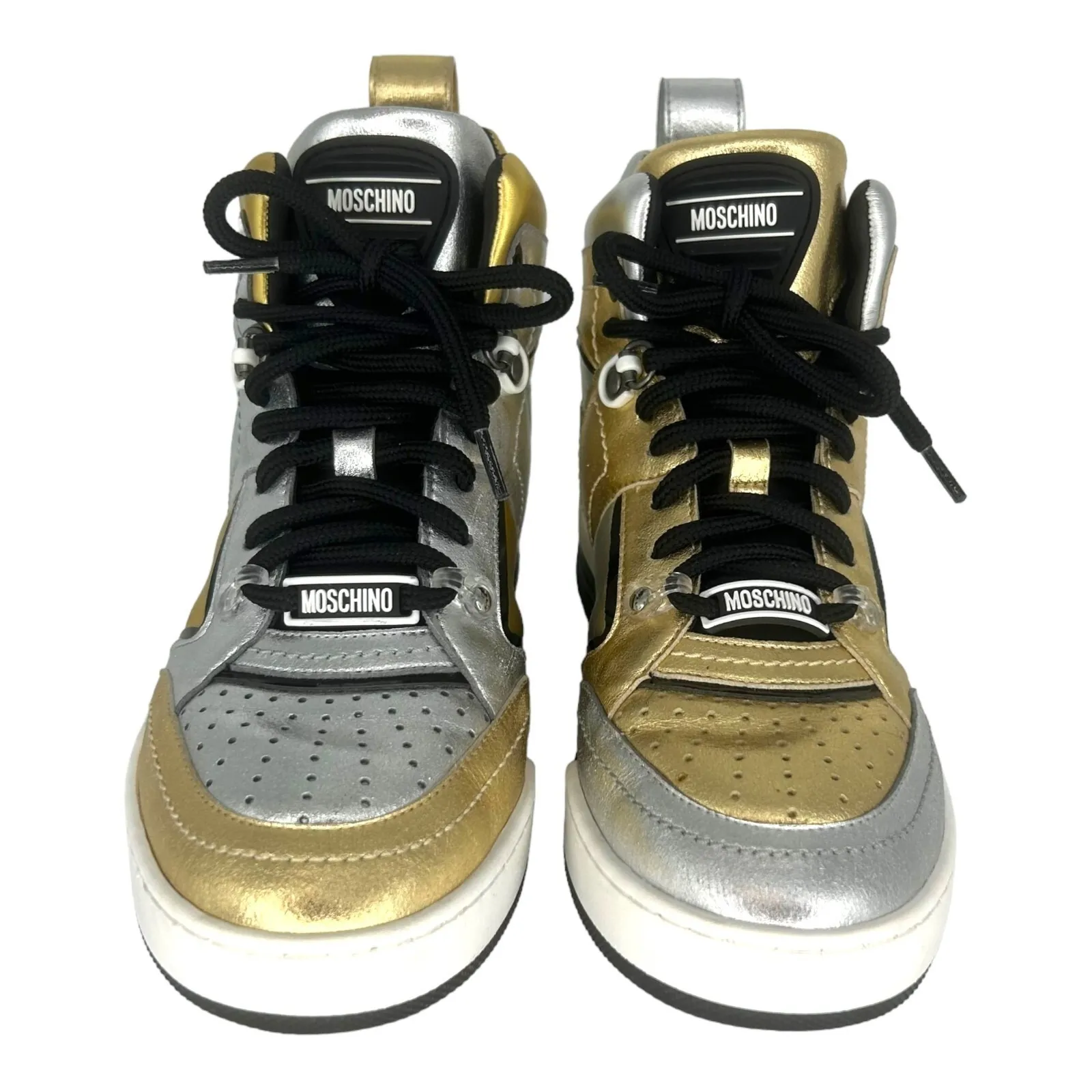 Moschino High Top Sneakers Gold Silver Metallic Leather Made in Italy Size 38 - Image 8