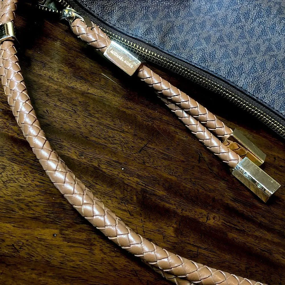 MICHAEL KORS Brown Logo Top Zipper Close Shoulder Bag w Braided Shoulder Strap - Image 15