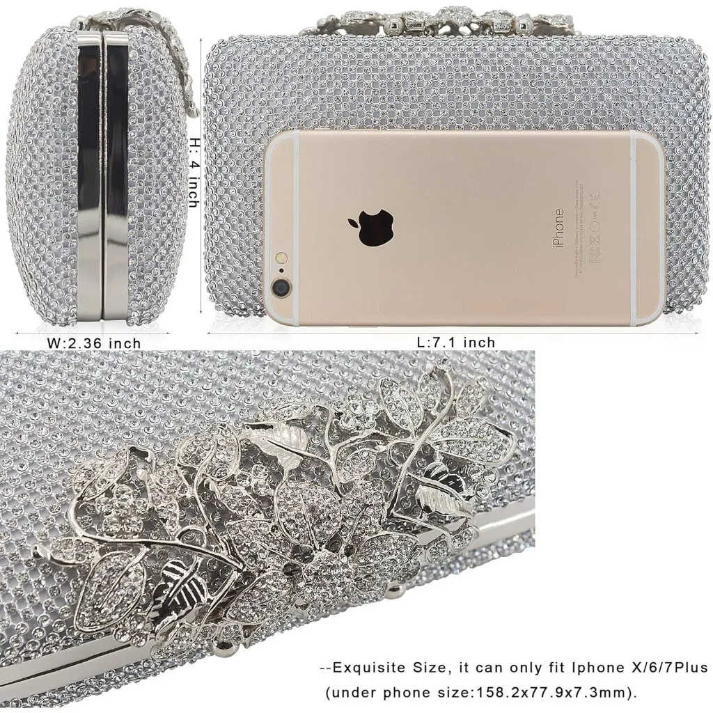 ⚡ Women's Crystal Rhinestone Evening Flower Clasp Metal Chain Silver Clutch Bag - Image 4
