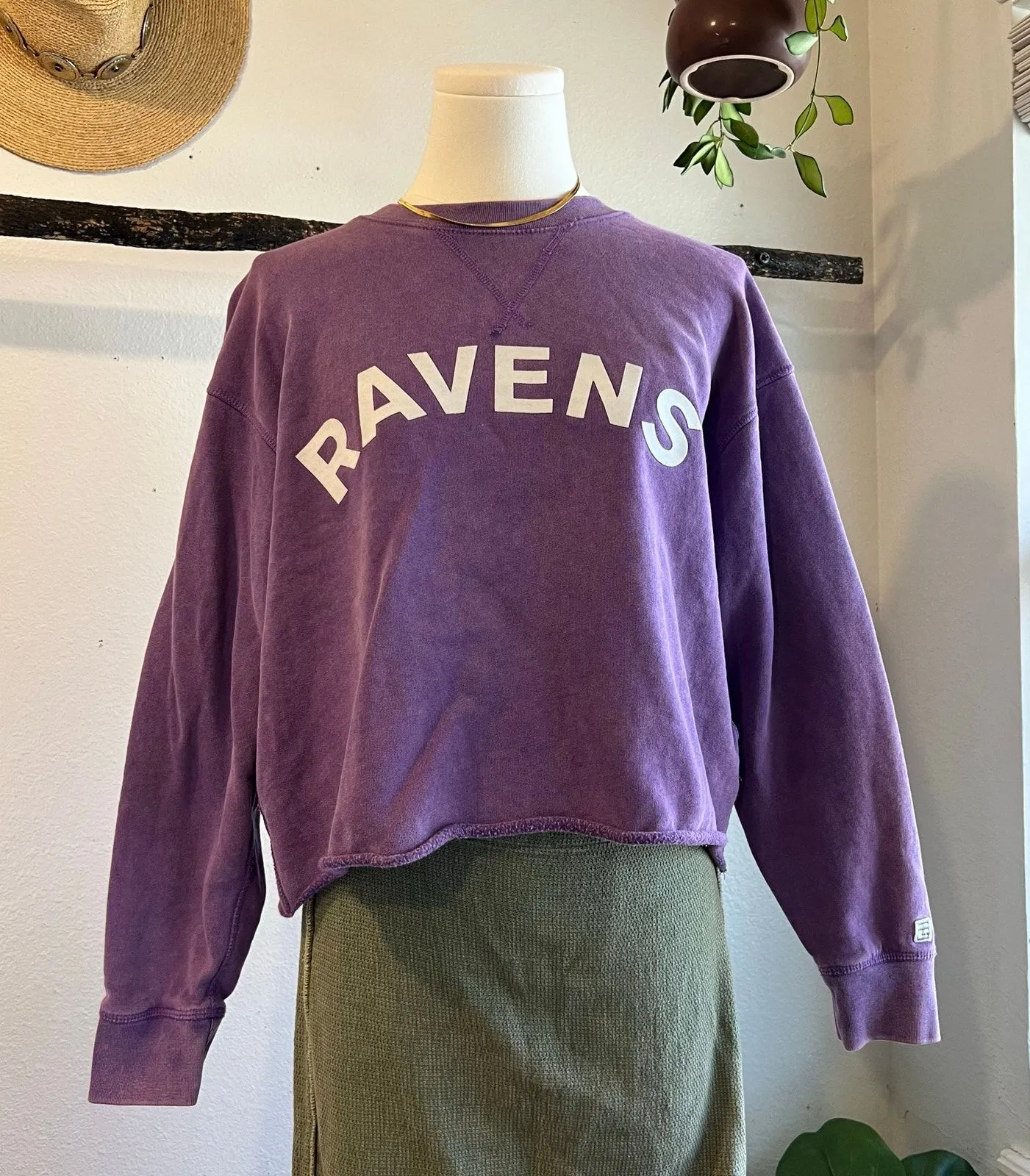 NFL Baltimore Ravens Cropped Cotton Dyed Purple Crewneck Sweater Size Medium - Image 1