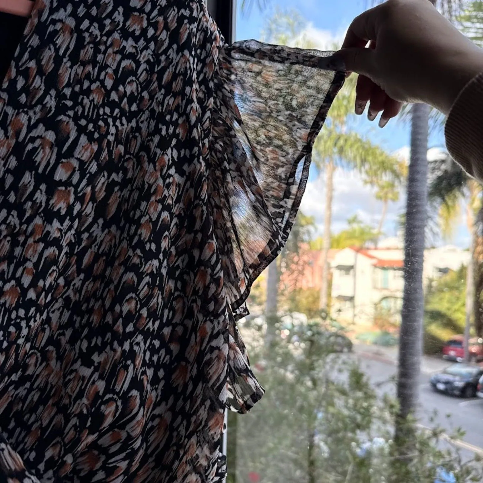 Express Flutter Surplice Wrap Top in Abstract Feather Print Black White Tan - Image 5