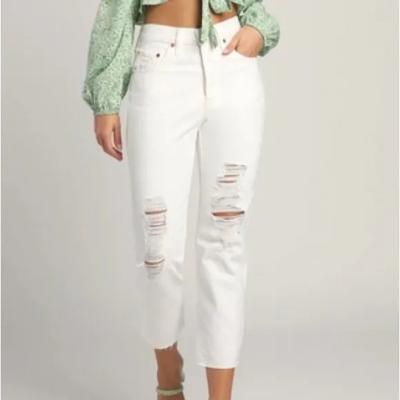 NWT Levi's 501’s White Distressed High Rise Raw Hem Straight Leg Denim Jeans - Image 2