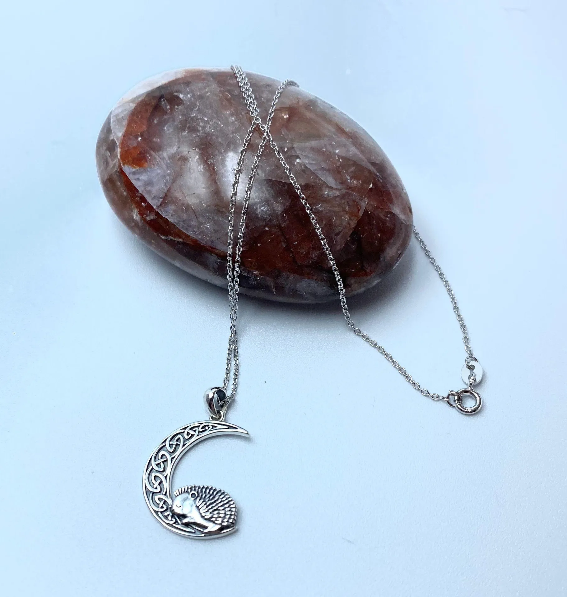 Sterling Silver Hedgehog  Celtic Crescent Moon Necklace - Image 2