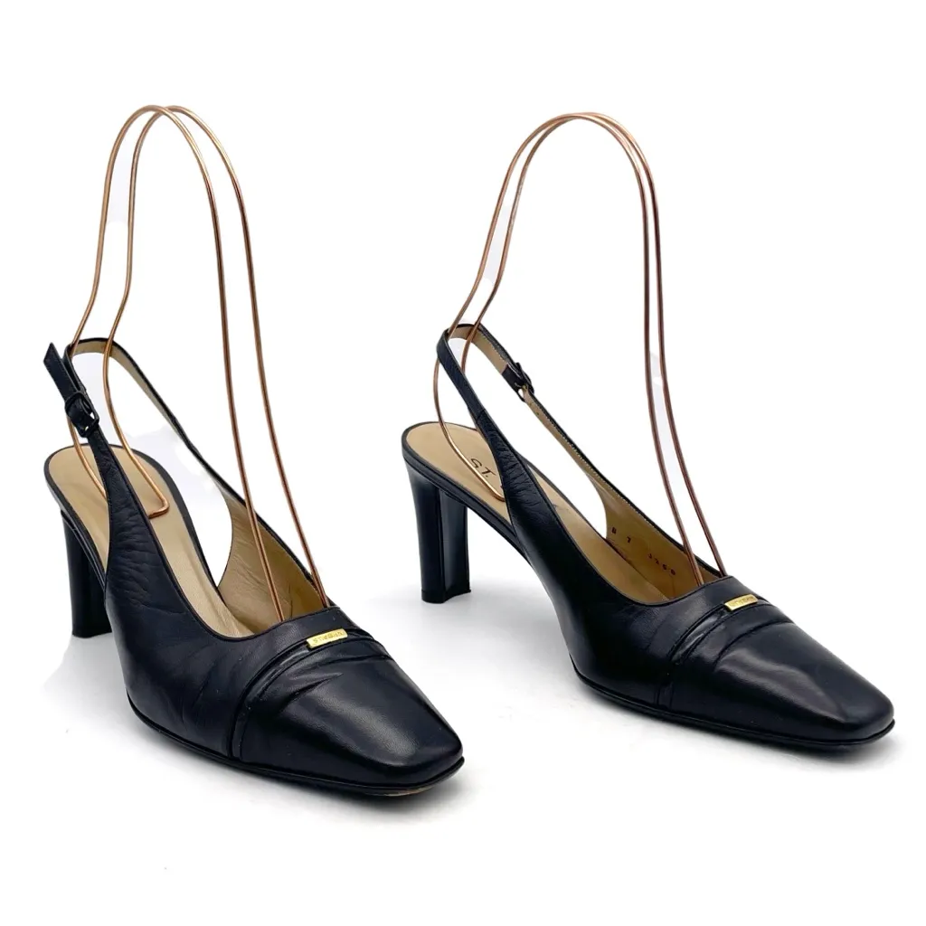 St. John Black Leather Slingback Heels Size 7 Made in Italy Square Toe Pumps VTG - Image 4