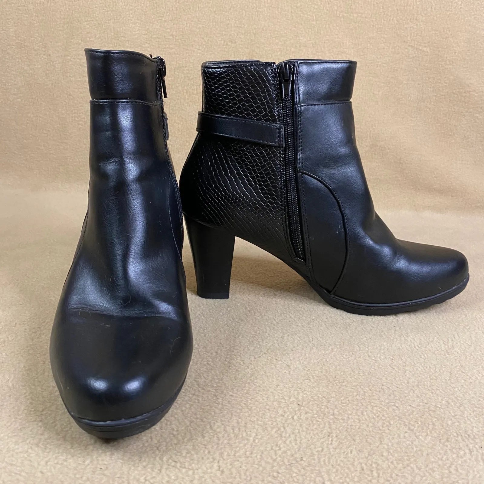 Black Faux Leather Ankle Boots Snake Print Buckle Chunky Heel Zip Women's Sz 9 - Image 6