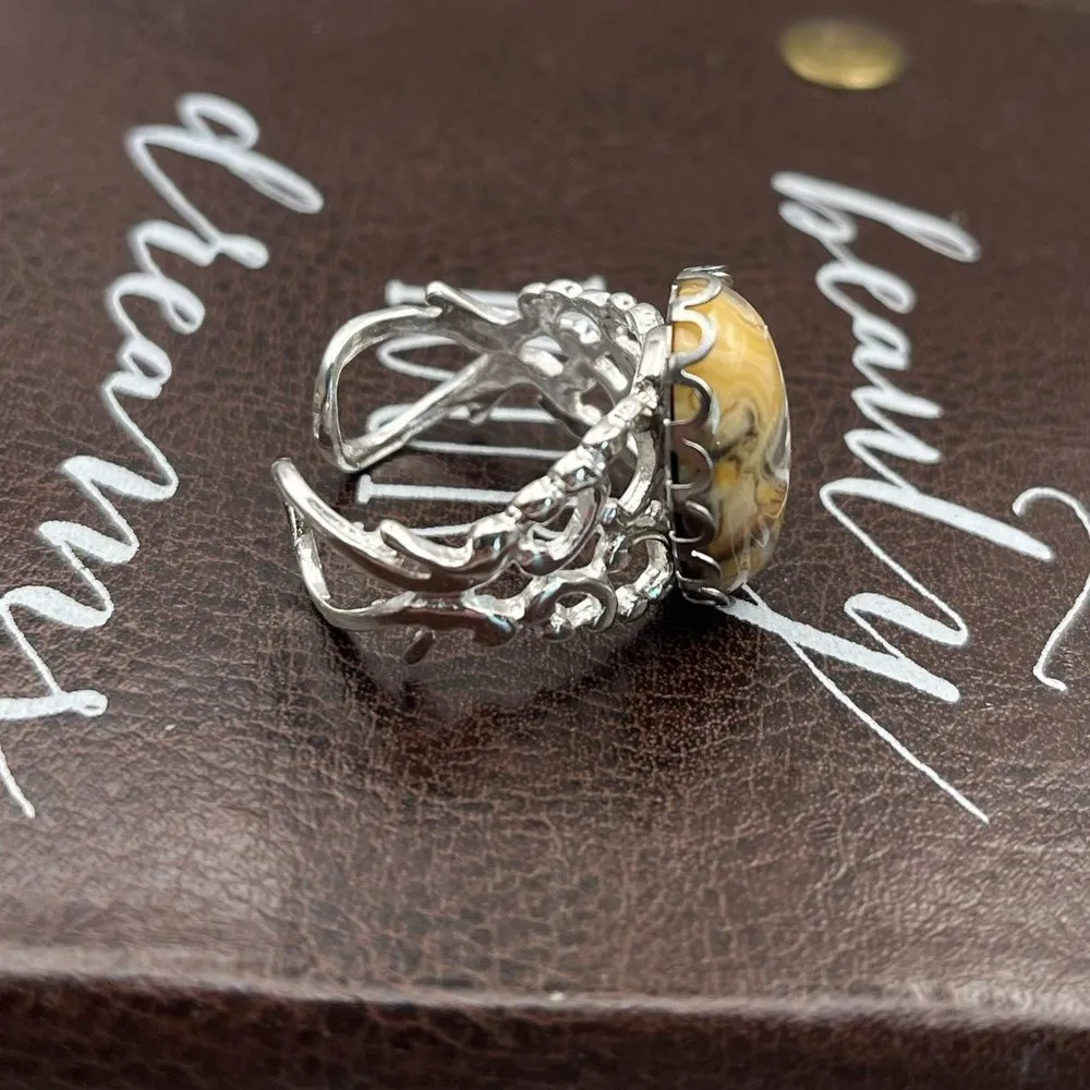 Crazy Lace Agate Adjustable Ring Stainless Steel Handmade - Image 6