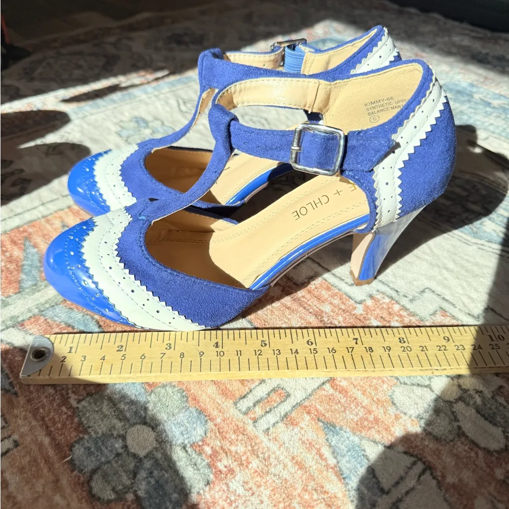 Chase + Chloe Royal Blue and White T-Strap Heels size 6 - Image 6