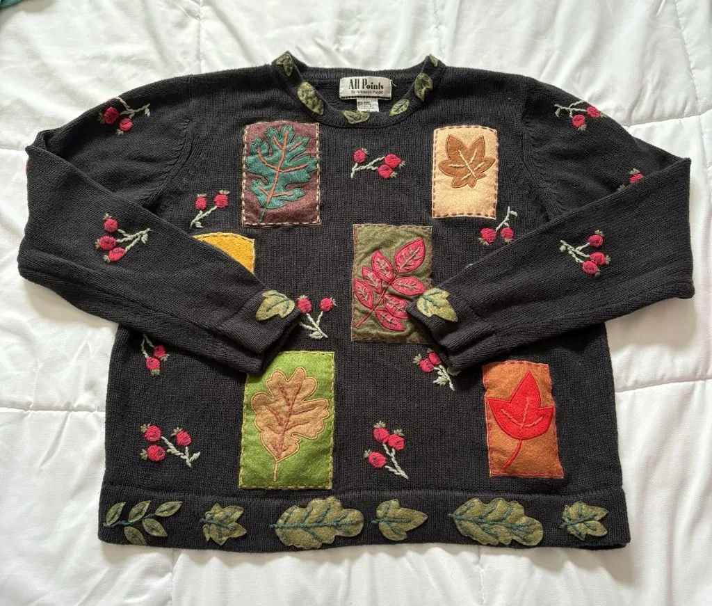 Vintage 90s Y2K Fall Autumn Sweater Womens Size Medium Pumpkin Harvest Teacher Black - Image 1