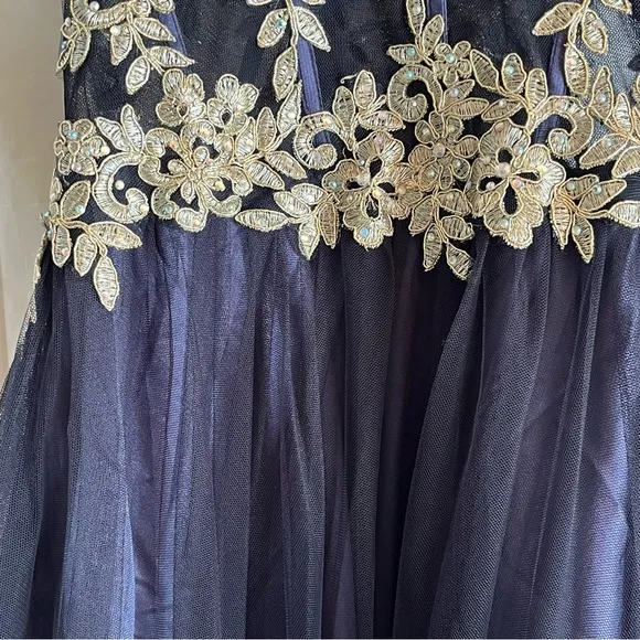 Blondie Nites Gown Juniors Size 9‎ Navy Long Mesh Gown Corset Style Gold Prom - Image 8
