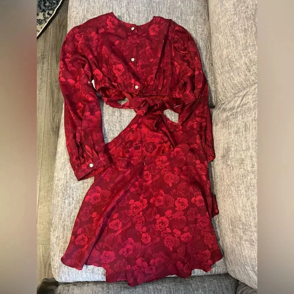 Rahi Ruby Red Floral Print Cutout Long Sleeve Mini Dress Size XL NWOT - Image 6