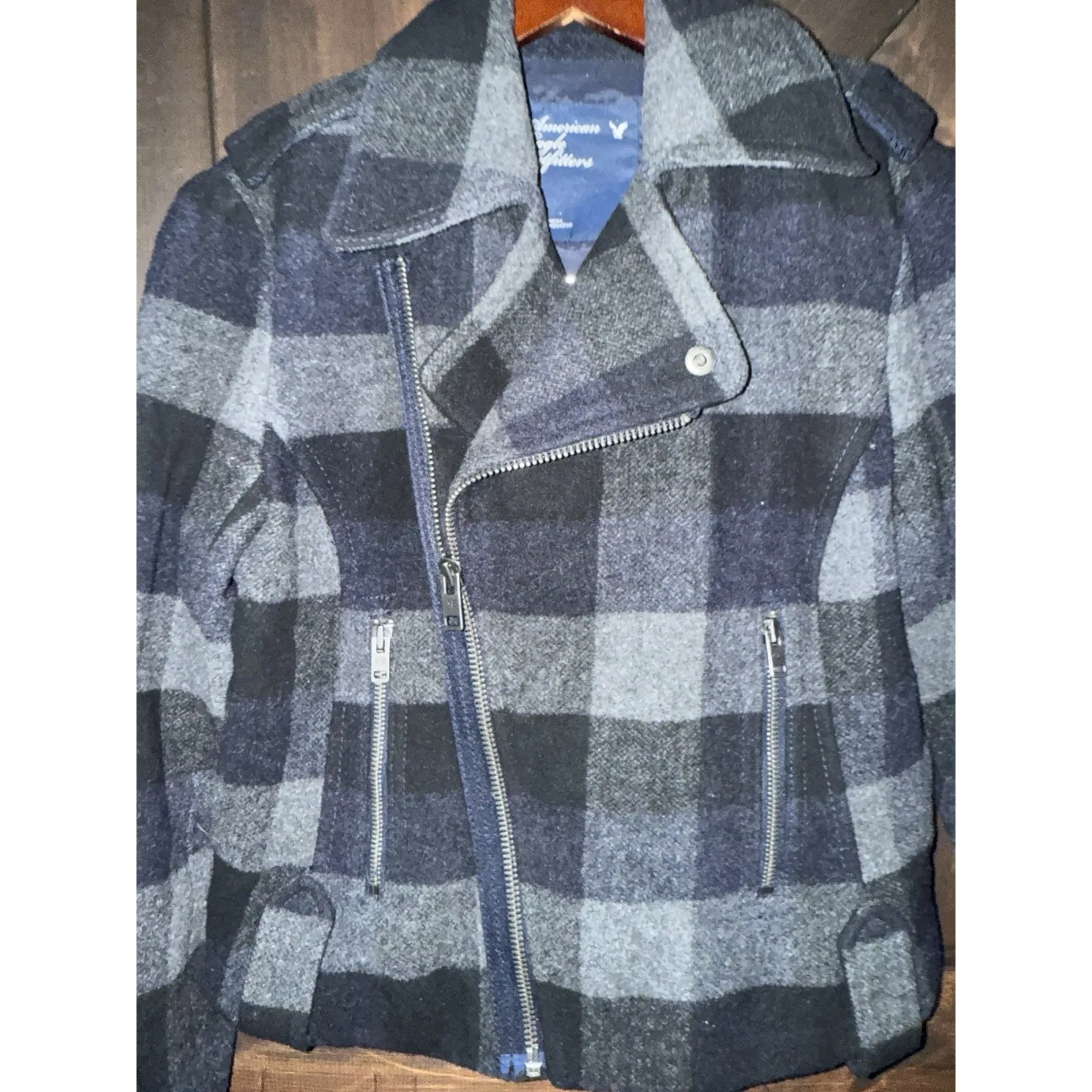 Y2K American Eagle Moto Jacket‎ Small Plaid Wool Blend Zip Coat 2009 - Image 4