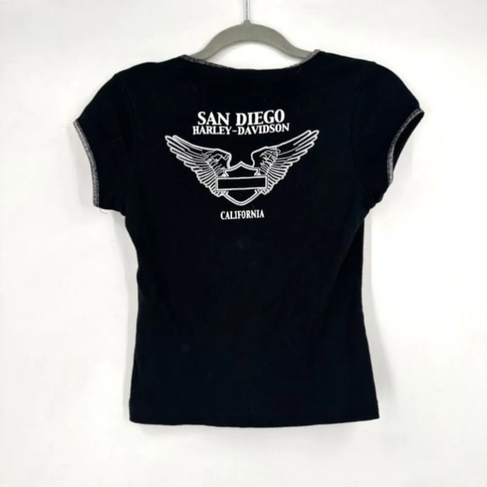 Harley Davidson Women’s Studded Silver Eagle Short Sleeve Small Shirt Cropped‎ Black - Image 11
