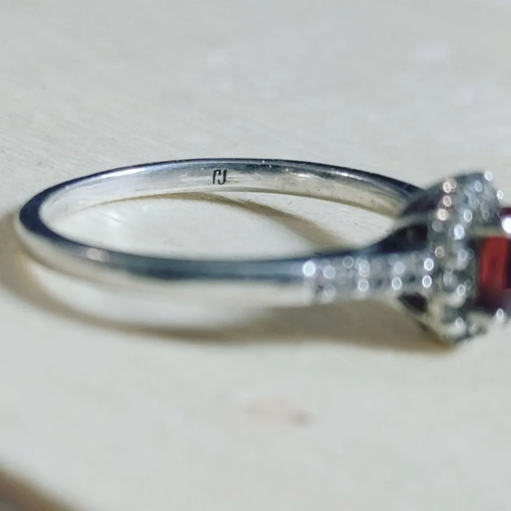 925 Ring Oval Garnet Gemstone Sterling Silver Halo Diamond Size 5 Henry Cheung - Image 5