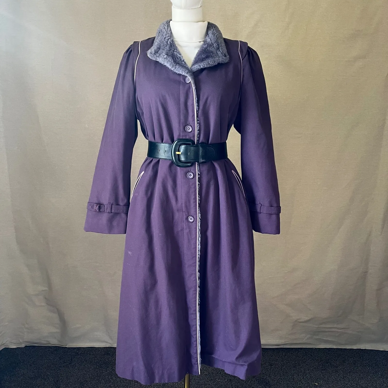 Vintage 70s Purple Faux Fur Trim Maxi Coat Quilted Lining‎ Longline Jacket M Size M - Image 9