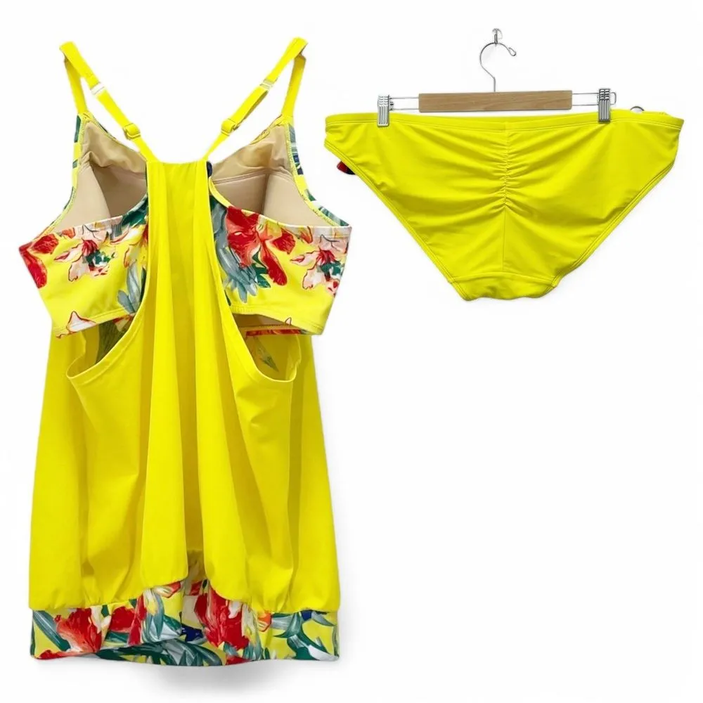 NWT SWIM by Cacique Yellow Floral Blouson Tankini & Bikini Bottom Set Size 14/16 - Image 2