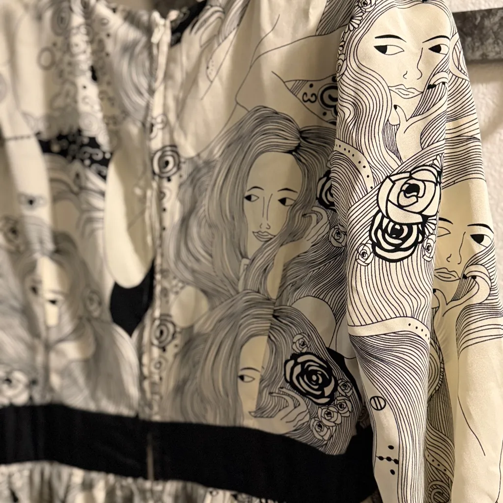 Unique Vintage Psychedelic Goddess Black and Cream Long Sleeve maxi Dress Size M - Image 11