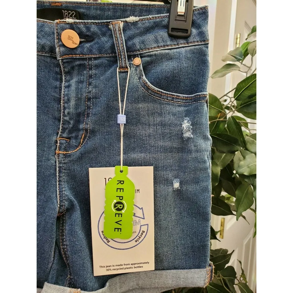 1822 Denim Women's Solid Blue Cotton Mid Rise Casual Cuff Jeans Short Size 4/27 - Image 3