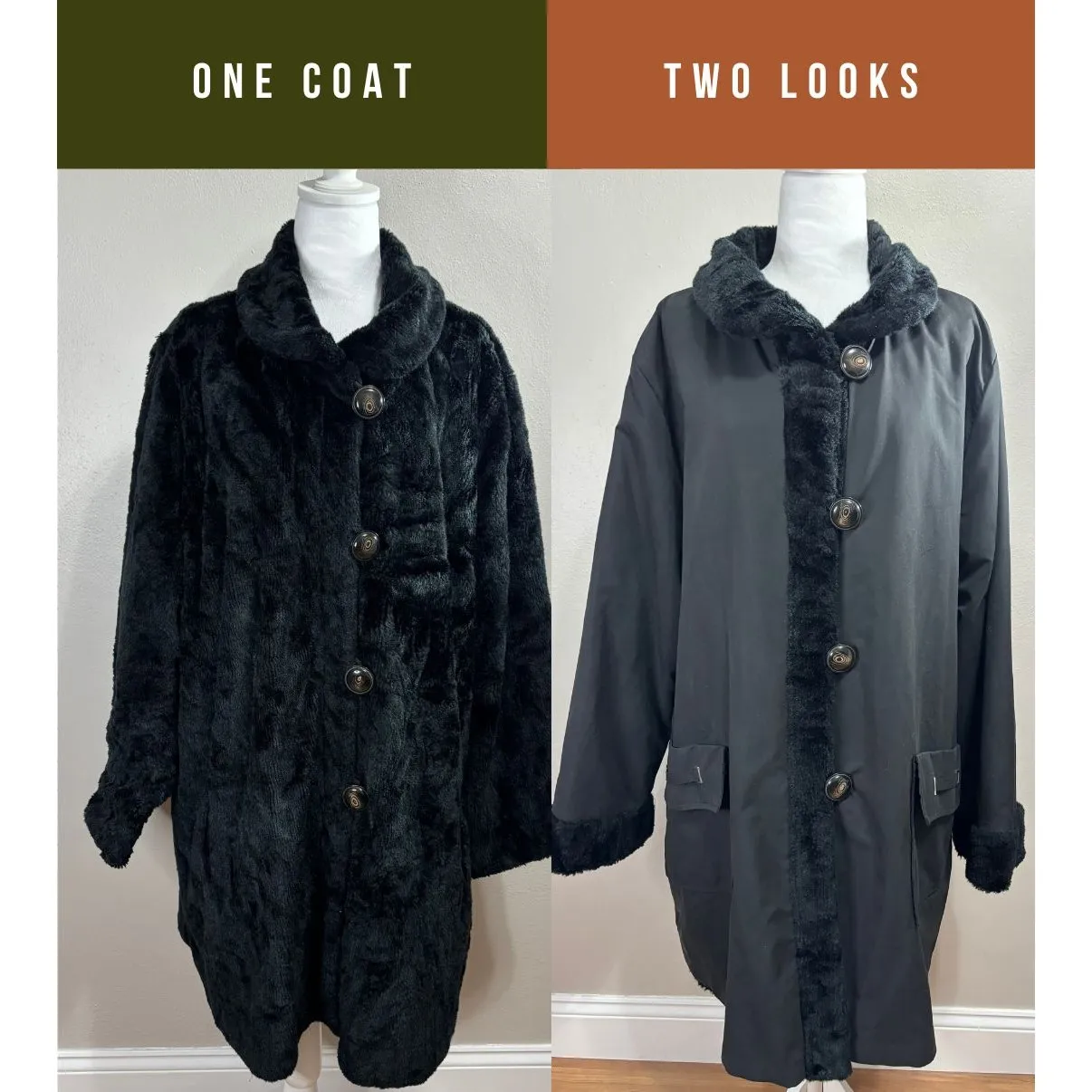 Woman Within Faux Fur Midi Coat Black Reversible Canvas 1X Mob Wife Glam Money - Image 2