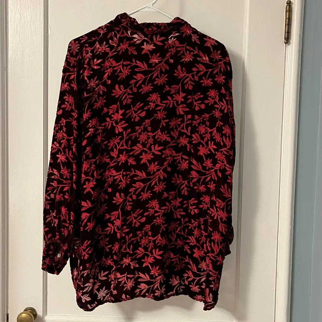 Kiko burgundy velvet burnout floral cotton button up blouse one size boho Red - Image 3