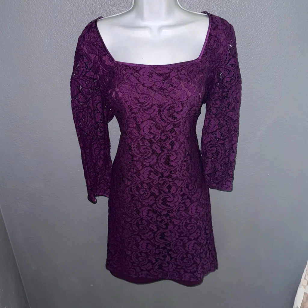 Adrianna Papell Deep Purple Lace Long Sleeve Sheath Square Neck Dress Large 14 - Image 5