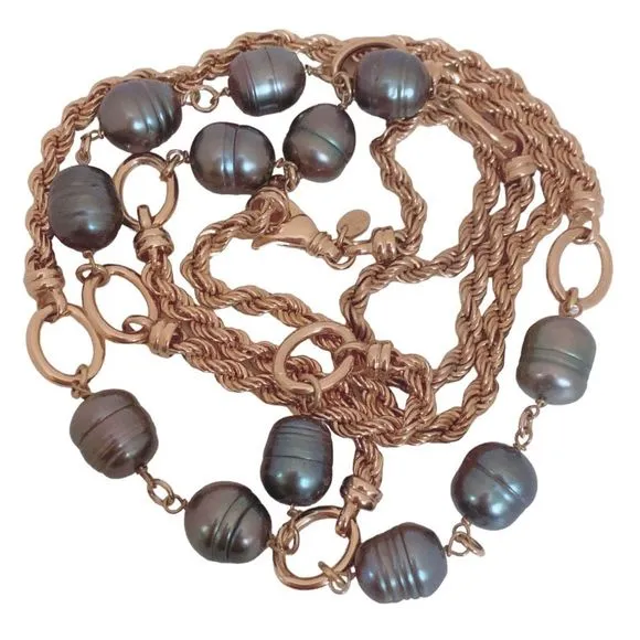 LN Bronze Italy & Honora Authentic Pearl Bluish Green Gray Long Station Necklace - Image 2