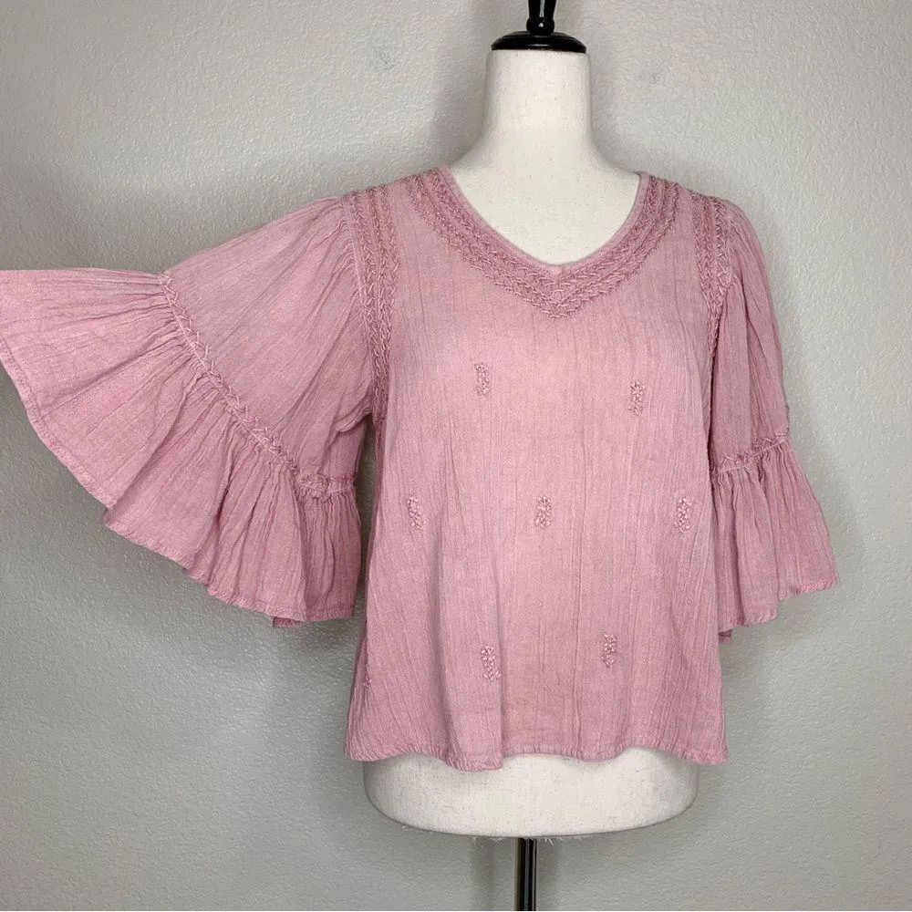 Rachel Zoe Boho Pink Embroidered Flared Sleeves Top - Image 2