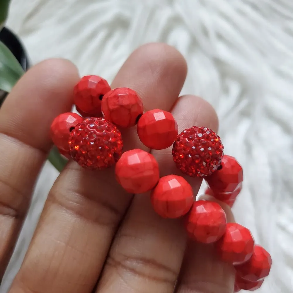 Red Beaded Bling Accent Stretch Bracelet Set - Image 3