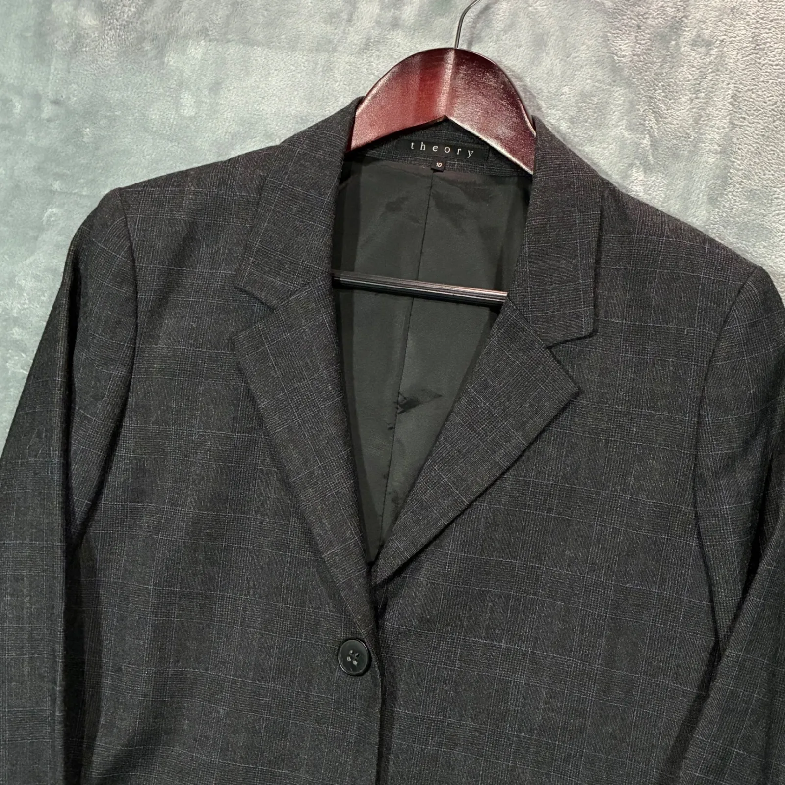 EUC Theory Plaid Wool Blazer Suit Jacket Women's 10 Charcoal Gray - Image 4