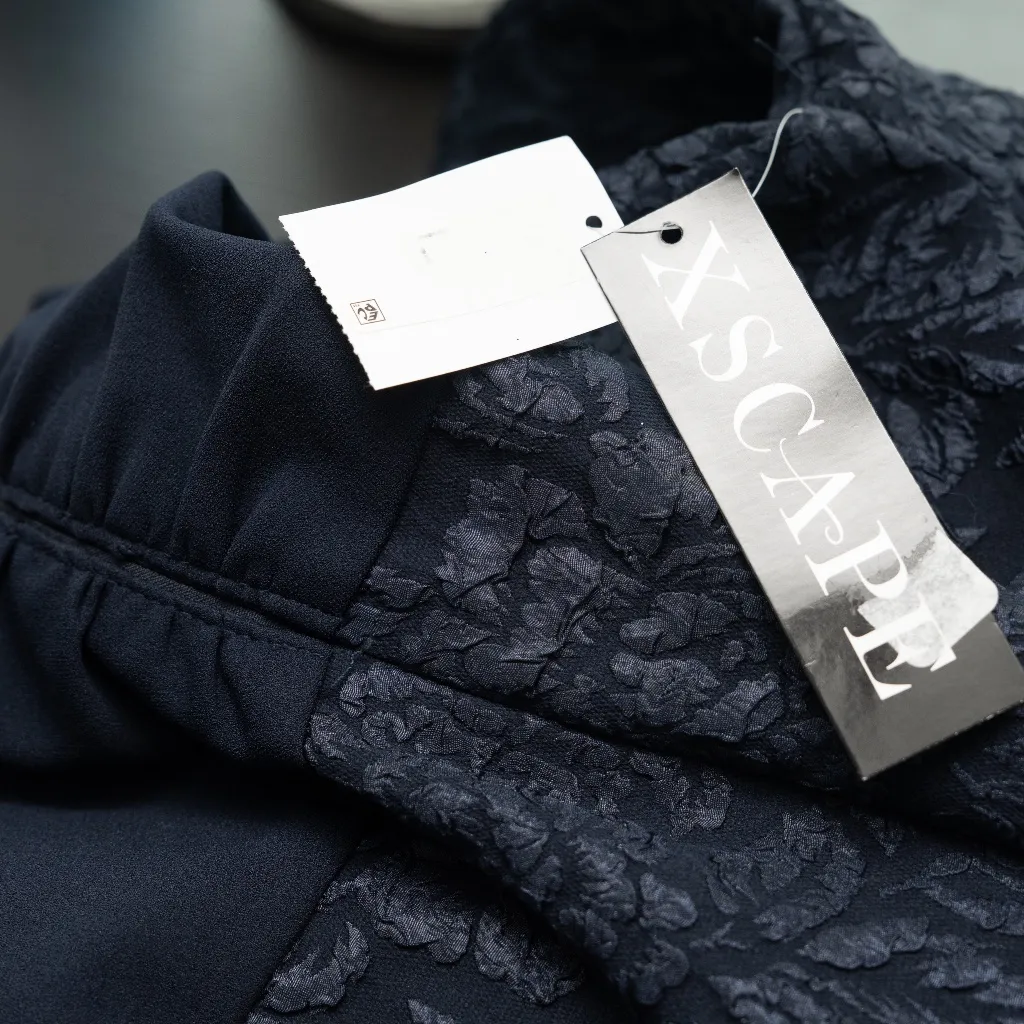 XSCAPE - Navy Floral Jacquard Long Sleeve Evening Gown - Image 12