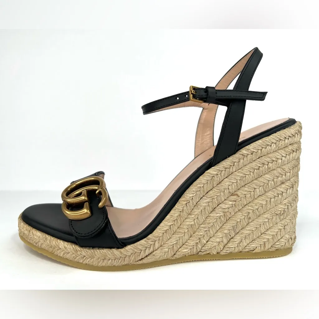 Gucci Galassia Aitana Lifford Black Leather Wedge Double G Logo Sandals EU 41.5 - Image 11