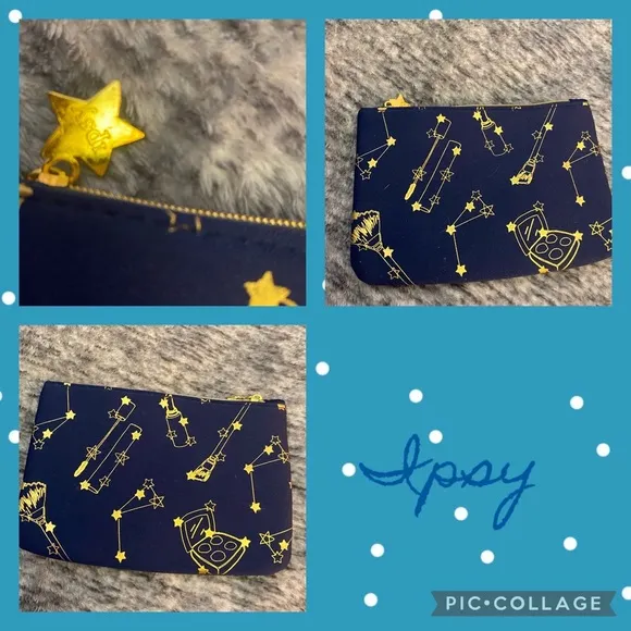 ipsy Blue and Gold Cosmetic Bag with Celestial makeup brush Pattern - Image 2