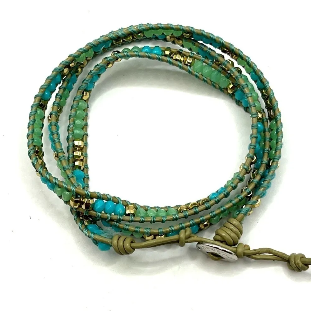 S&D Wanderlust Triple Wrap Bracelet Blue and Green Beads Tan leather Cord 22 - Image 3