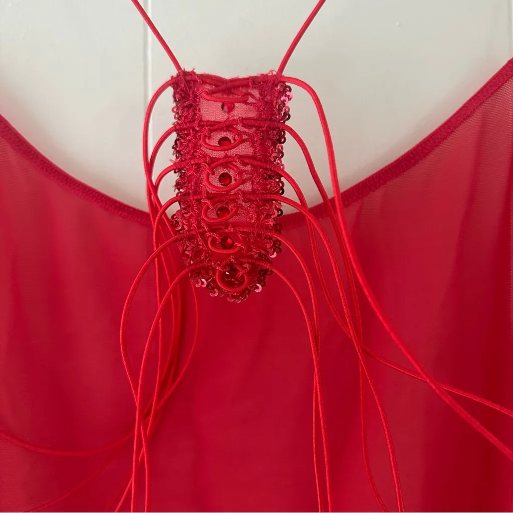 Victoria's Secret Red Sheer Open Back Sexy Chemise Lingerie Rhinestone Strap XL - Image 3