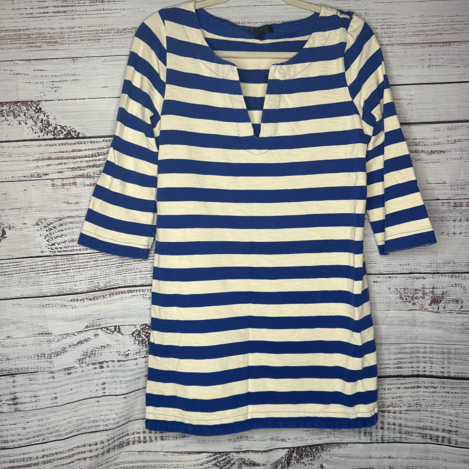 J.Crew Blue White Stripe 3/4 Sleeve Split Neck Tunic Top Size Medium 100% Cotton - Image 2