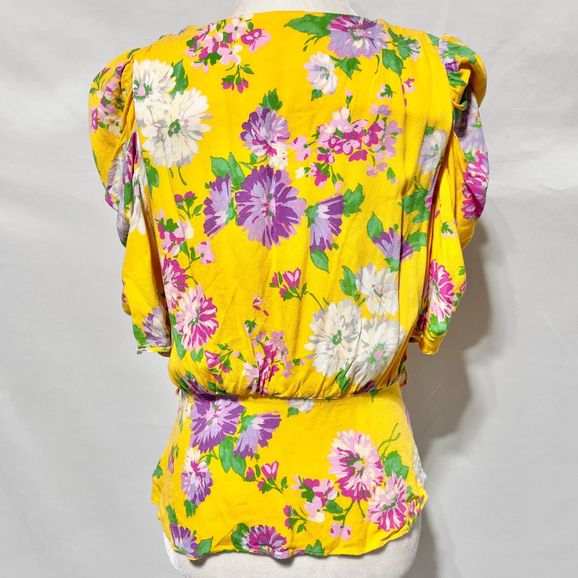 Zara Floral Print Puff Sleeve V-Neck Faux Wrap Blouse Yellow Multi Size Medium - Image 13